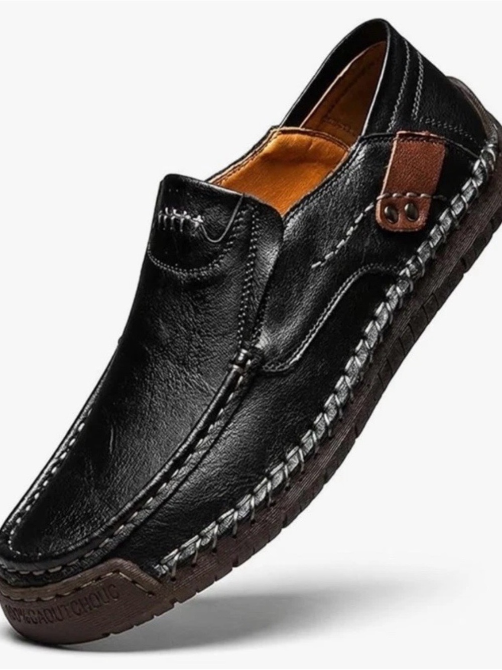 Men's Black Leather Slip-On Loafers with Brown Accent